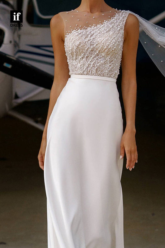 30552 - Generous One Shoulder Beads Sleeveless Column Wedding Dress