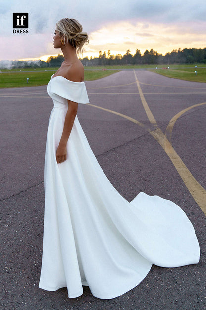 30560 - Off the Shoulder Pleats Satin Wedding Dress