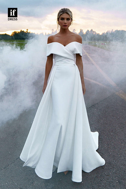 30560 - Off the Shoulder Pleats Satin Wedding Dress