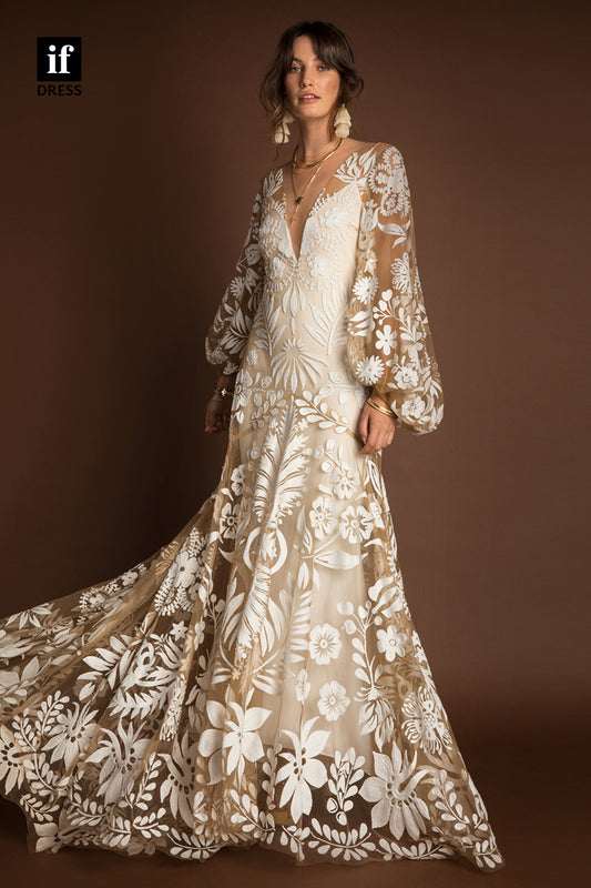 30561 - Plunging V-Neck Illusion Lace Bohemain Wedding Dress
