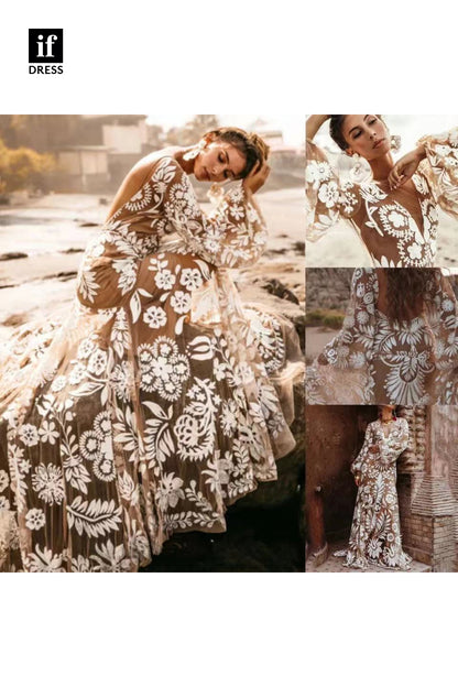 30561 - Plunging V-Neck Illusion Lace Bohemain Wedding Dress