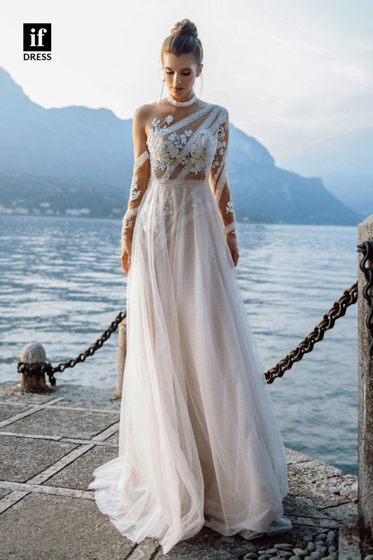 30563 - Illusion Neckline Lace Appliques Long Sleeves Bohemain Wedding Dress