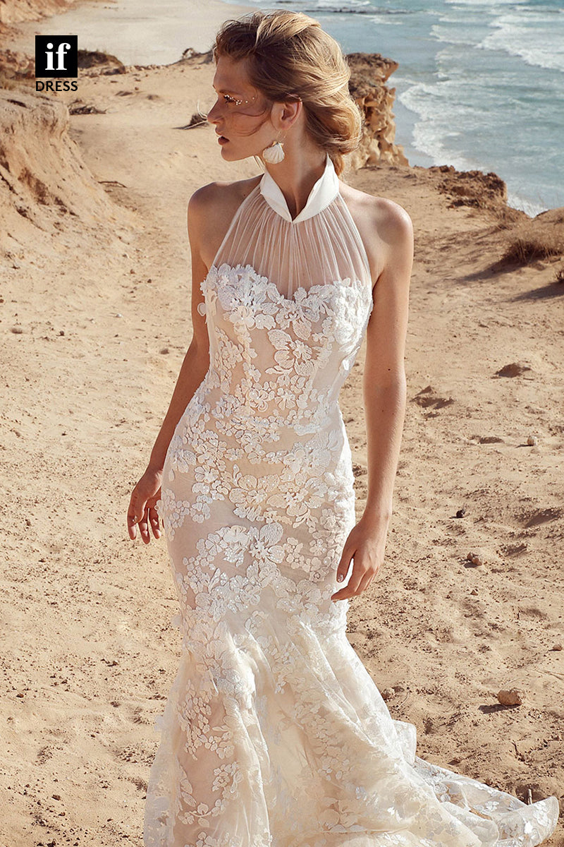 30565 - Unique Halter Illusion Lace Mermaid Wedding Dress