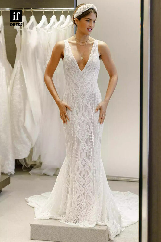 30566 - Sexy V-Neck Illusion Lace Mermaid Wedding Dress