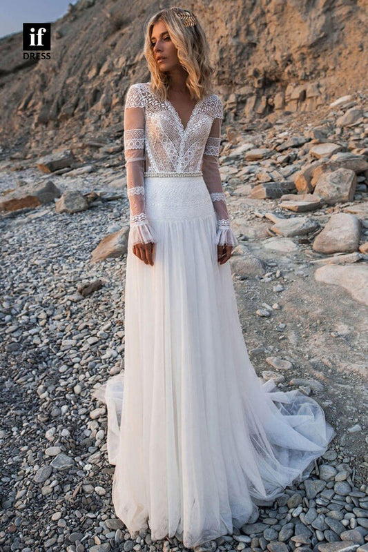 30569 - A-line V-Neck Illusion Long Sleeves Bohemian Wedding Dress