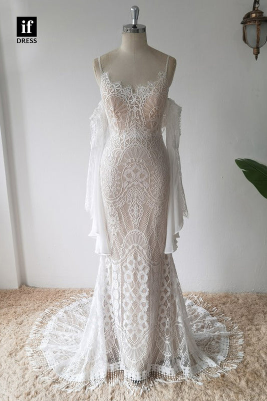 30573 - Spaghetti Straps Illusion Lace Mermaid Wedding Dress Detahcable Sleeves