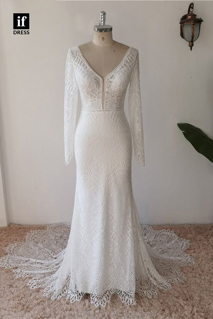 30576 - Illusion V-Neck Long Sleeves Lace Bohemian Wedding Dress