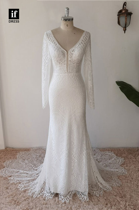 30576 - Illusion V-Neck Long Sleeves Lace Bohemian Wedding Dress