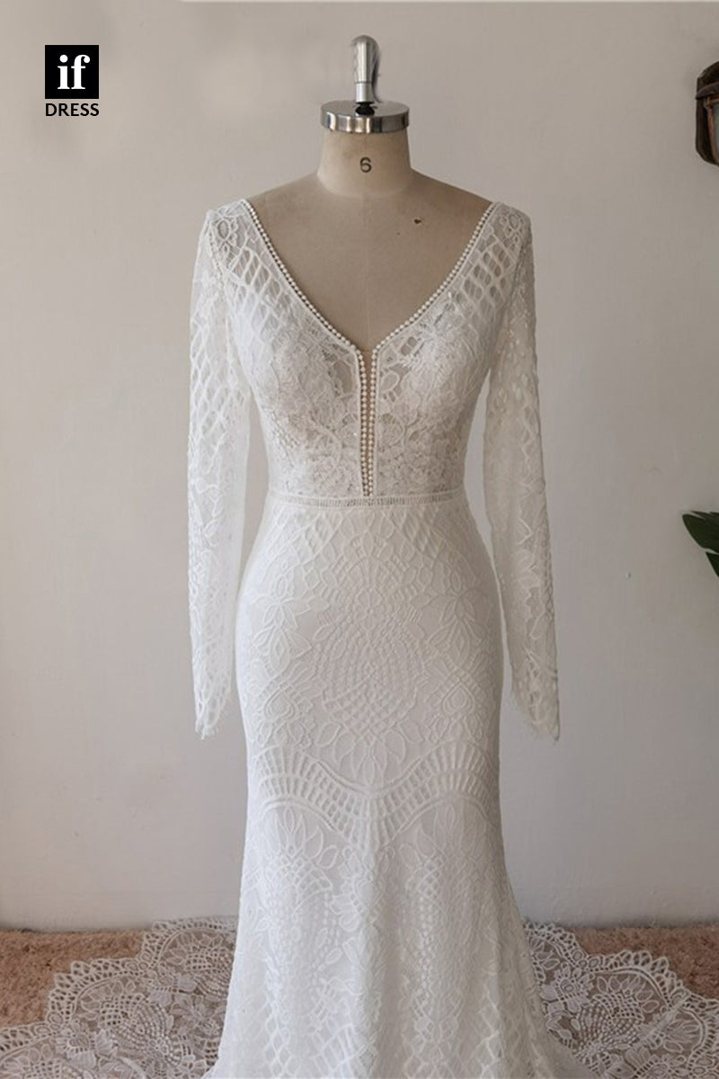30576 - Illusion V-Neck Long Sleeves Lace Bohemian Wedding Dress