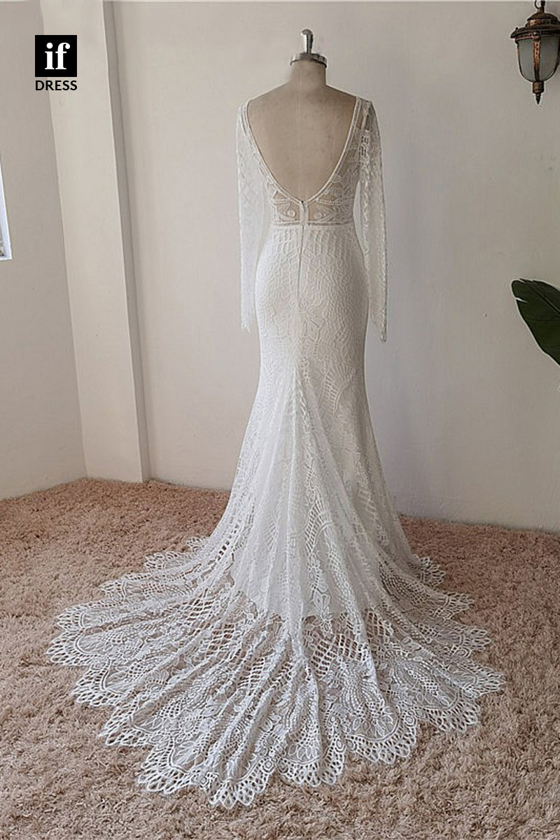 30576 - Illusion V-Neck Long Sleeves Lace Bohemian Wedding Dress