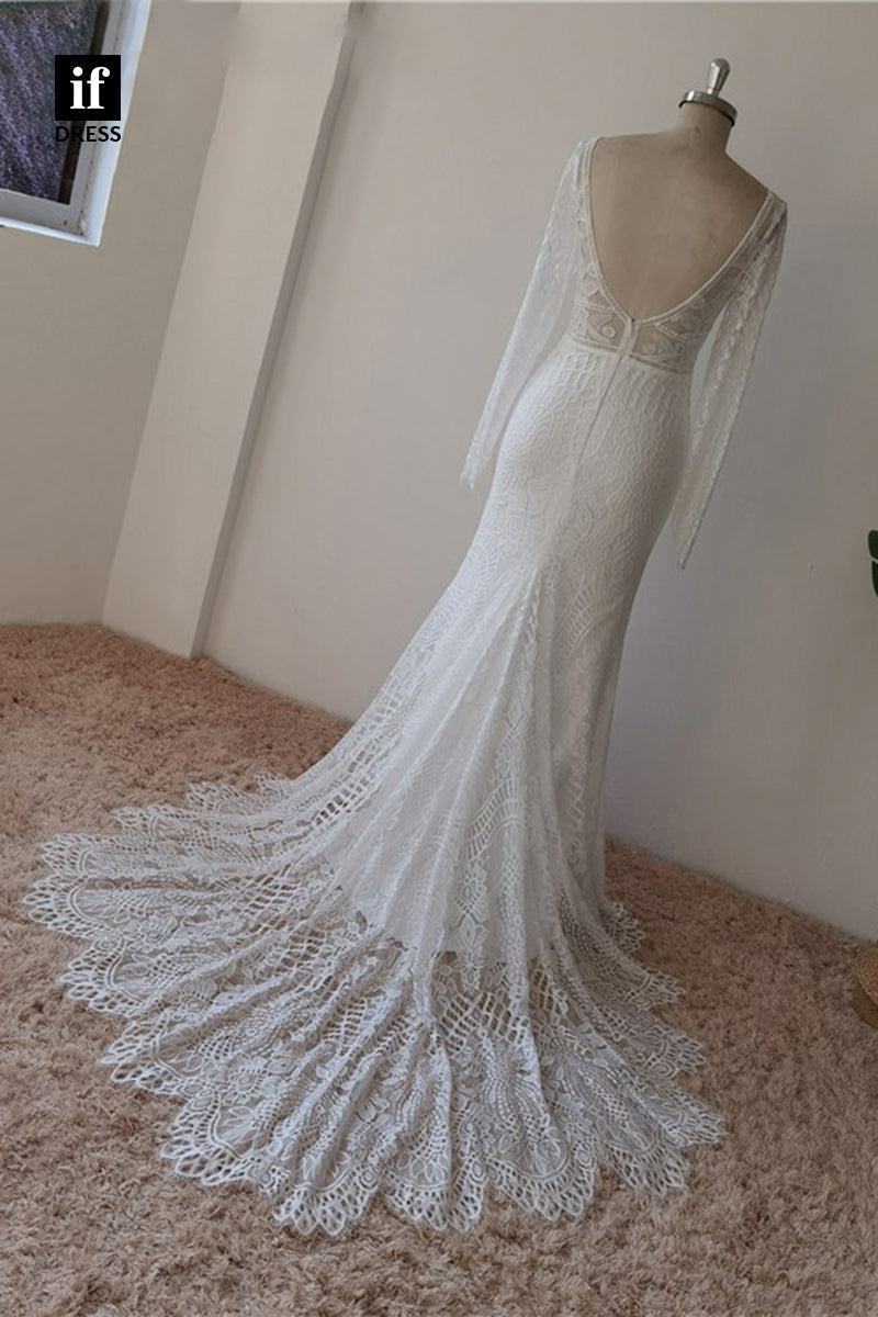 30576 - Illusion V-Neck Long Sleeves Lace Bohemian Wedding Dress