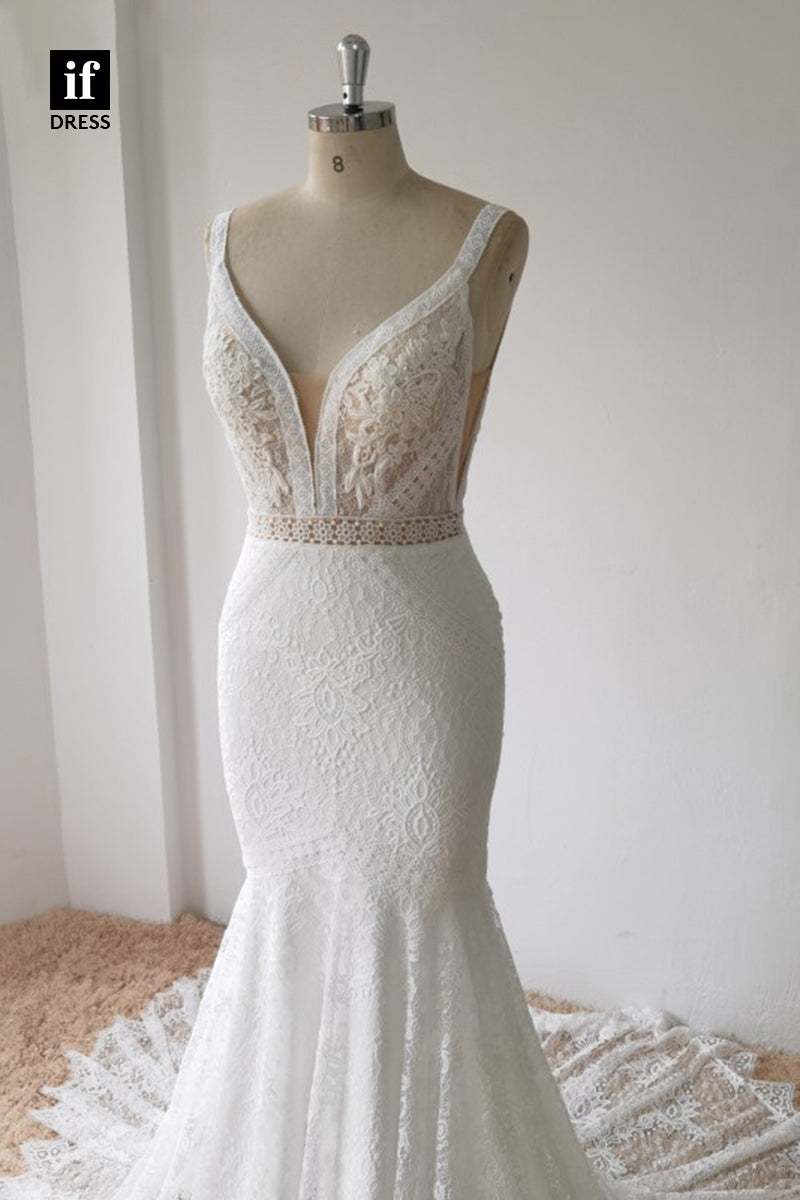 30577 - Plunging V-Neck Lace Mermaid Wedding Gown