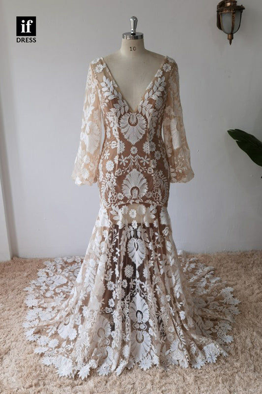 30580 - Illusion V-Neck Long Sleeves Mermaid Bohemian Wedding Dress
