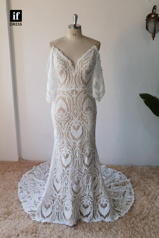30581 - Illusion V-Neck Long Sleeves Lace Wedding Dress Bohemian Wedding Gown