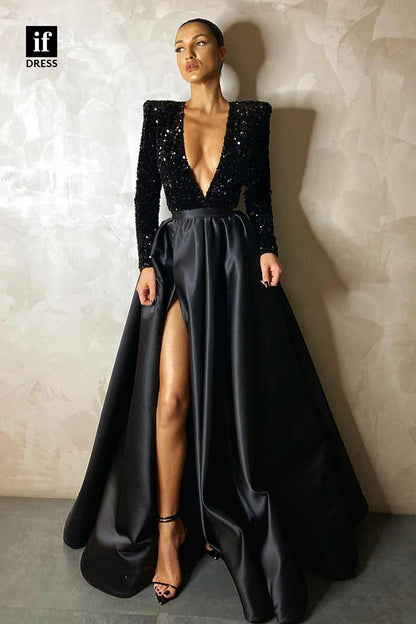 30973 - Plunging V-Neck Sequins Long Sleeves A-line Prom Dress with Pockets