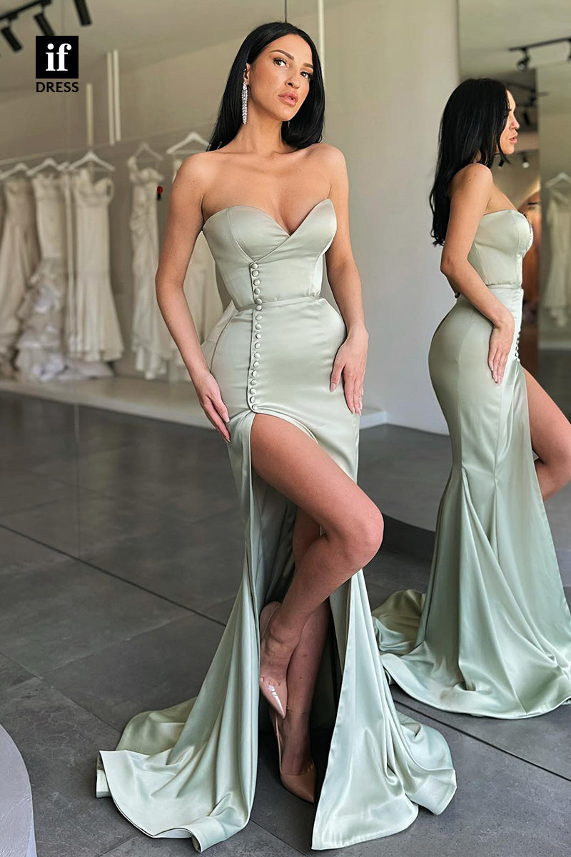 30975 - Sexy Strapless V-Neck High Split Sleeveless Long Prom Bridesma ...