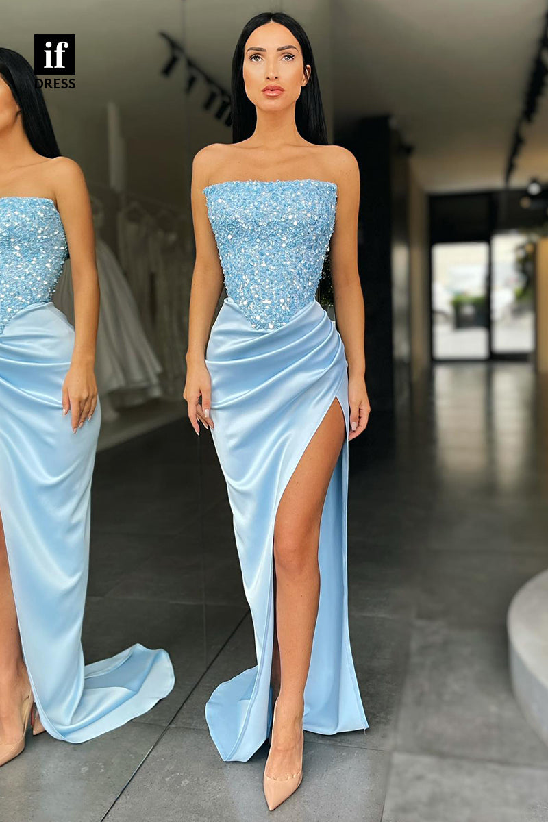 30985 - Strapless Sequins Side Slit Long Prom Dress Birdesmaid Dress