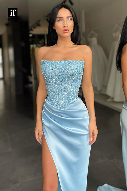 30985 - Strapless Sequins Side Slit Long Prom Dress Birdesmaid Dress