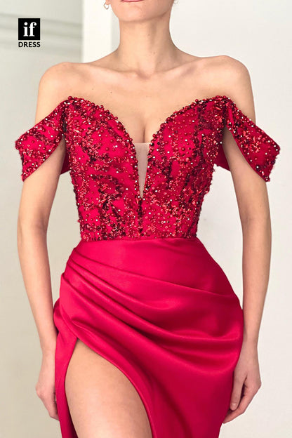 32805 - Off the Shoulder Beads Red Formal Evening Dress with Slit