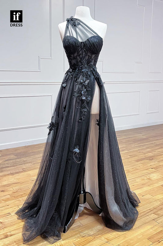 32818 - A-line One Shoulder 3D Lace Appliques Black Long Prom Dress with Slit