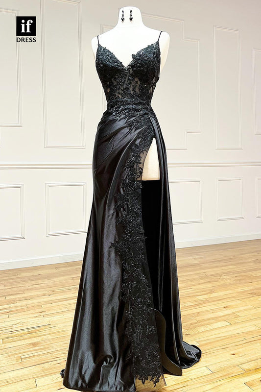 32819 - Spaghetti Straps Appliques Side Slit Black Prom Evening Foamal Dress
