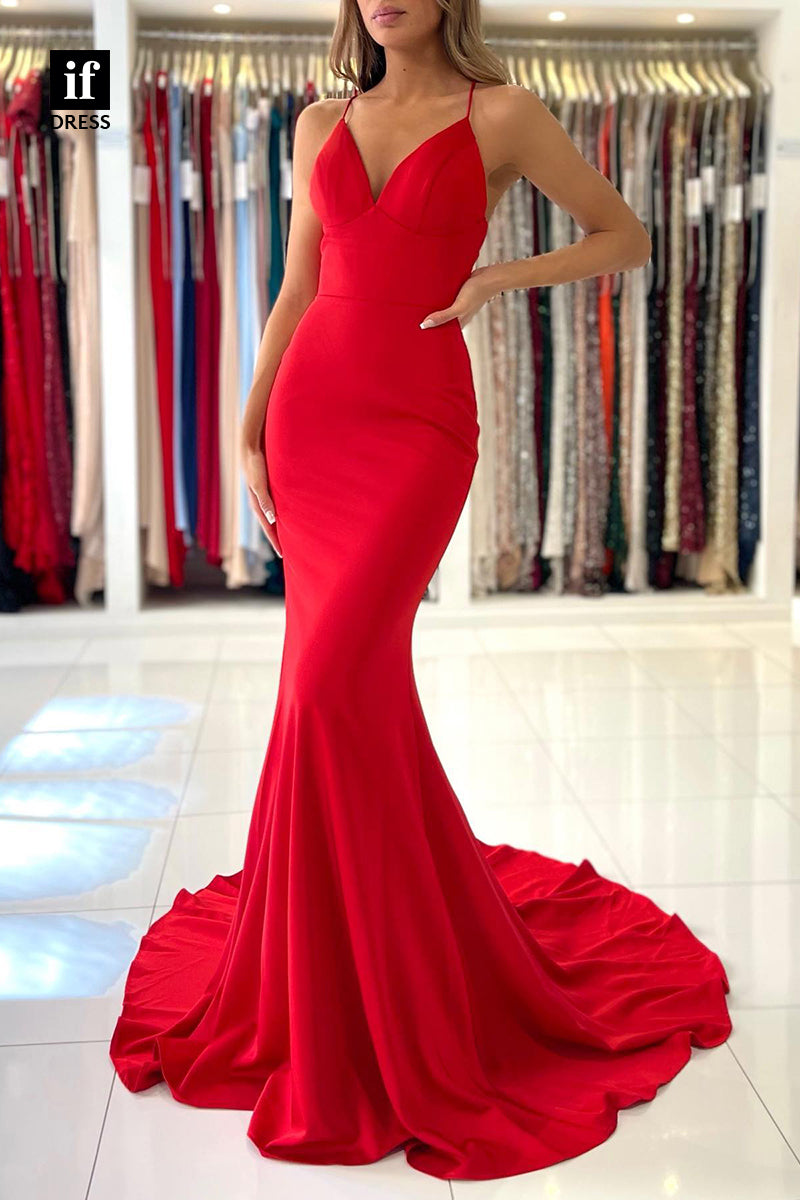 32821 - Spaghetti Straps V-Neck Red Mermaid Long Prom Bridesmaid Dress