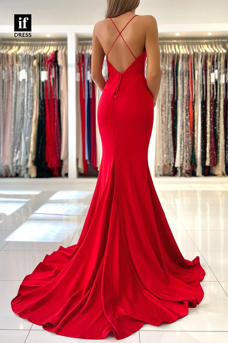 32821 - Spaghetti Straps V-Neck Red Mermaid Long Prom Bridesmaid Dress