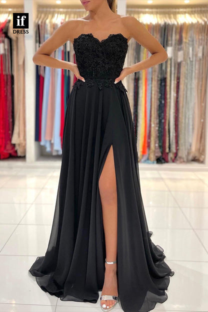 32822 - A-line Sweetheart Strapless Lace Appliques  Prom Dress with Slit