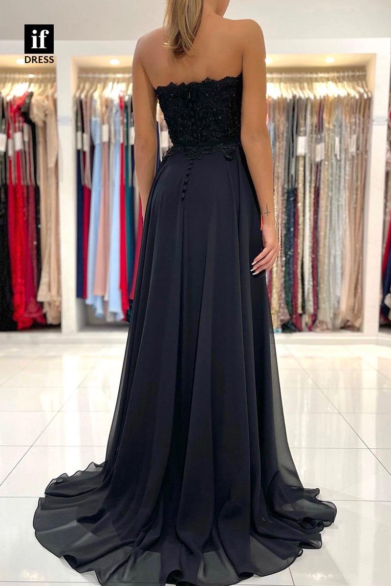 32822 - A-line Sweetheart Strapless Lace Appliques  Prom Dress with Slit
