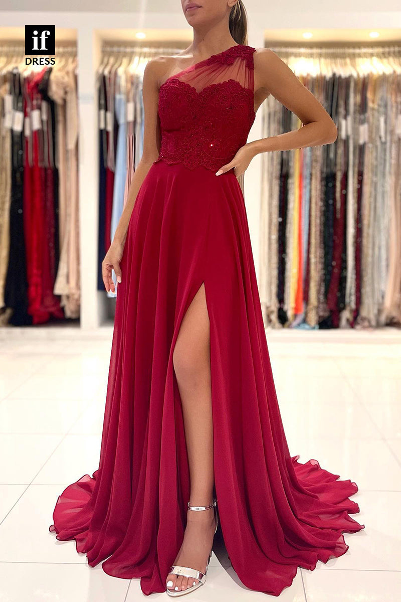 32823 - A-line One Shoulder Lace Appliques Long Prom Dress with Slit