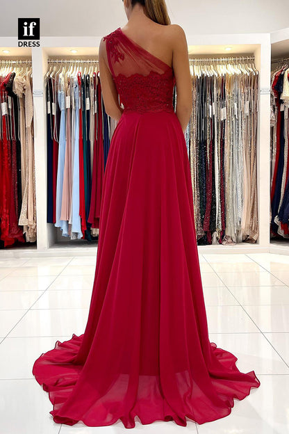 32823 - A-line One Shoulder Lace Appliques Long Prom Dress with Slit