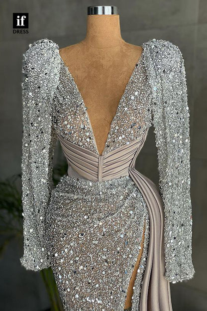 32828 - Plunging V-Neck Long Sleeves Sparkly Prom Dress with Slit