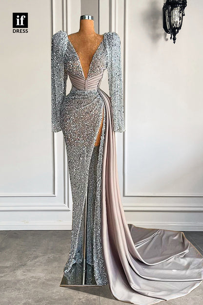32828 - Plunging V-Neck Long Sleeves Sparkly Prom Dress with Slit