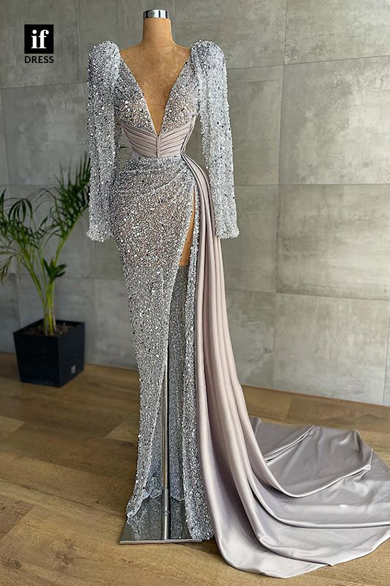 32828 - Plunging V-Neck Long Sleeves Sparkly Prom Dress with Slit