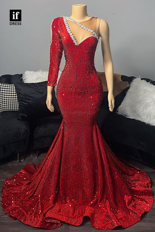 32833 - Illusion V-neck Beads Long Sleeves Mermaid Prom Dress for Black Slay