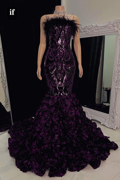 32836 - Strapless Feathers Sequins Appliques Mermaid Prom Dress for Black Slay