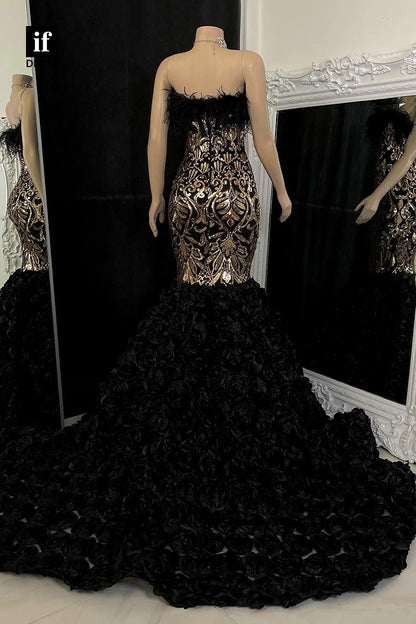 32836 - Strapless Feathers Sequins Appliques Mermaid Prom Dress for Black Slay