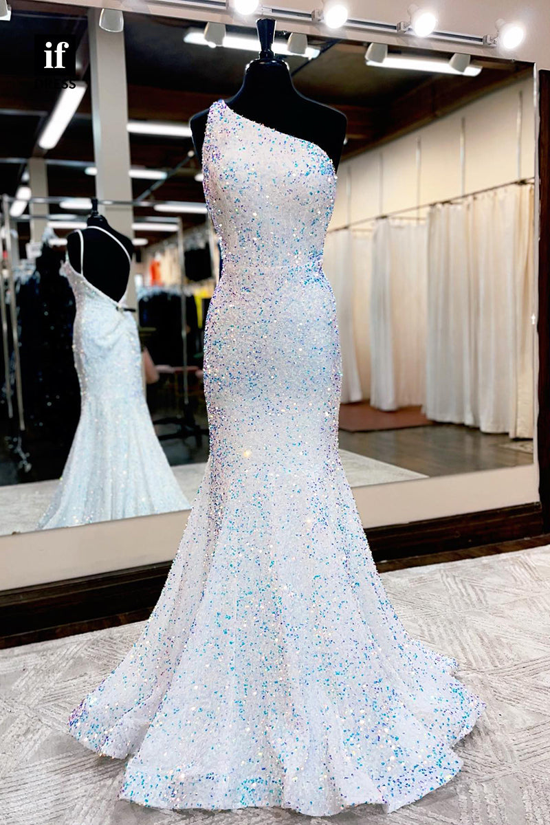 32849 - Unique One Shoulder Sequins Sparkly Mermaid Prom Dress