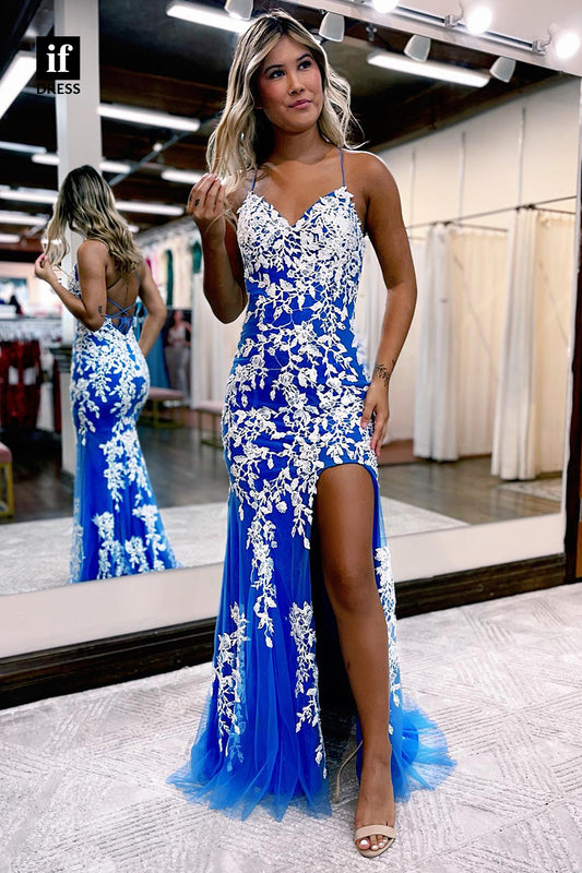 32851 - Spaghetti Straps Lace Appliques Long Prom Dress with Slit