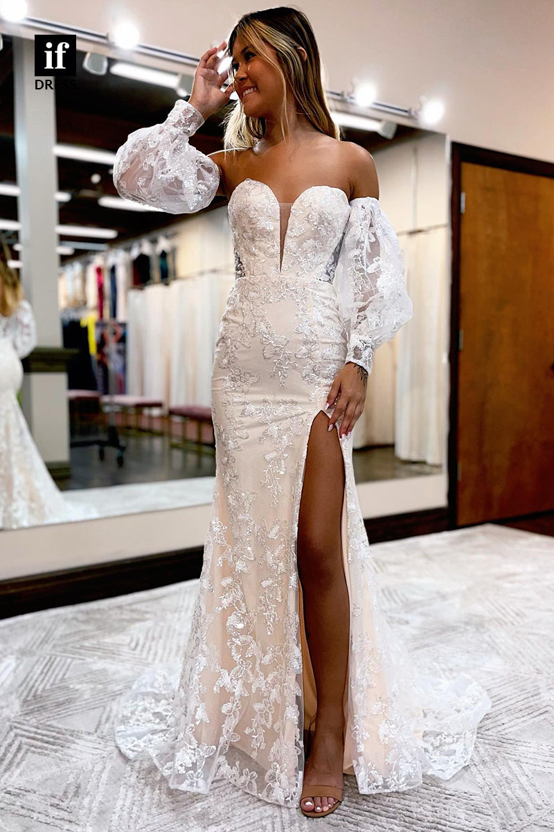 32861 - Plunging V-Neck Allover Lace Long Sleeves Mermaid Prom Dress with Slit