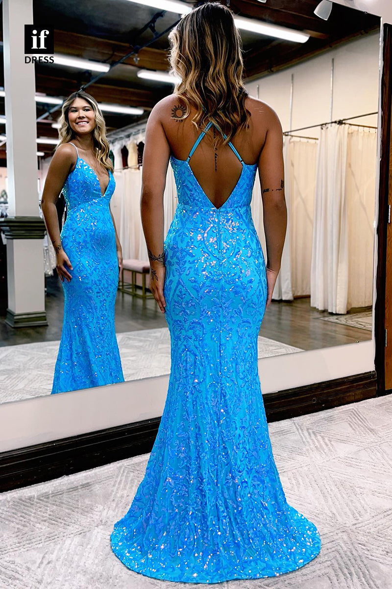32866 - Plunging V-Neck Lace Appliques Long Mermaid Prom Dress