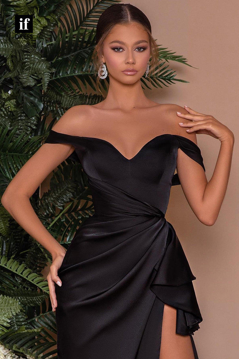 32880 - Off the Shoulder Pleats High Split Black Long Prom Formal Dress