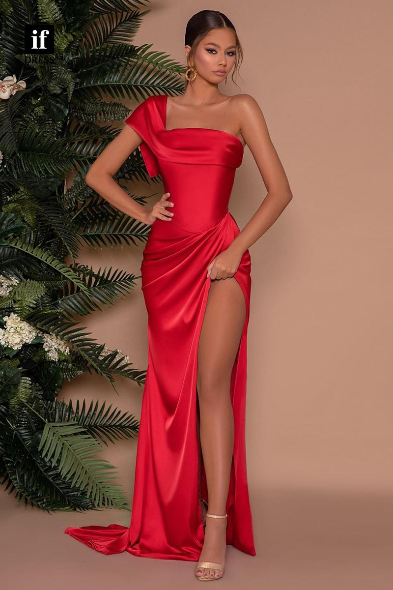 32882 - Unique One Shoulder Pleats Side Slit Long Red Prom Formal Dress