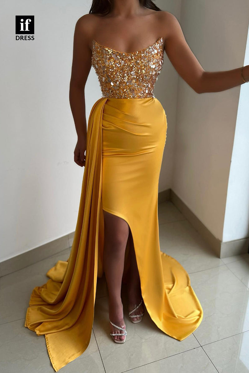 32883 - Strapless Sequined Tops High Split Long Formal Evening Dress
