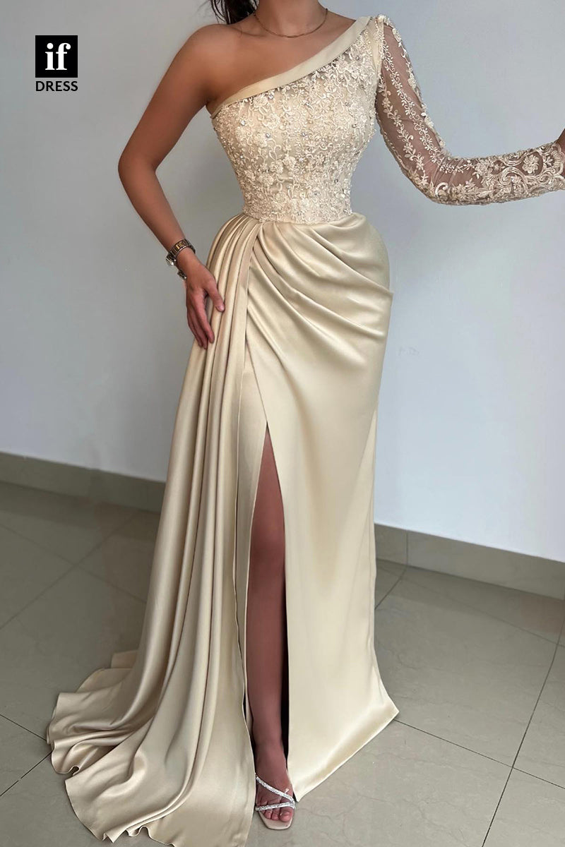 32887 - Chic One Shoulder Top Lace Long Sleeves Long Formal Evening Dress