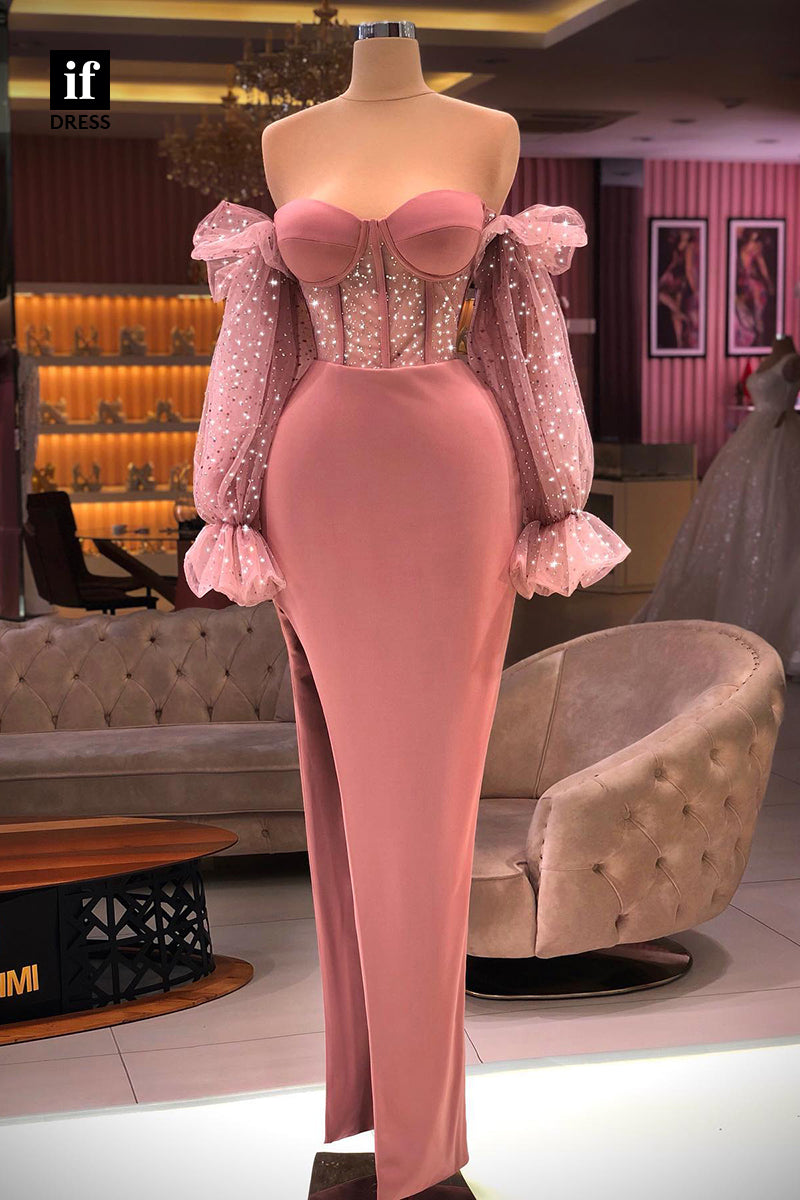 33833 - Off-Shoulder Side Split Sheath Long Sheeves Prom Formal Dress