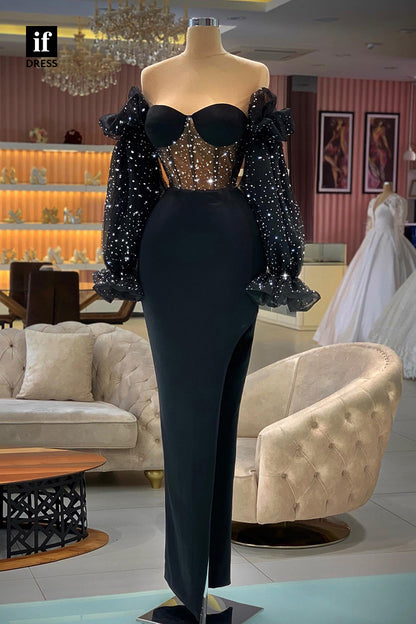 33833 - Off-Shoulder Side Split Sheath Long Sheeves Prom Formal Dress