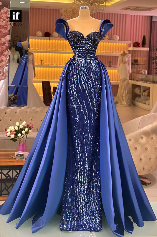 33834 - A-Line Cap Sleeves Strapless Rhinestone Prom Formal Dress