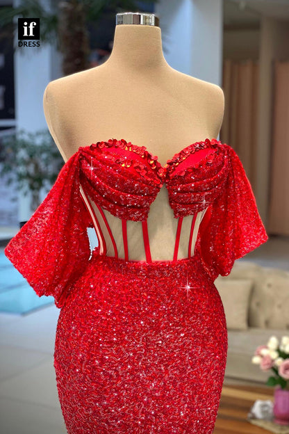 33837 - Off-shoulder Sequined Red Sleeveless Prom Formal Dress