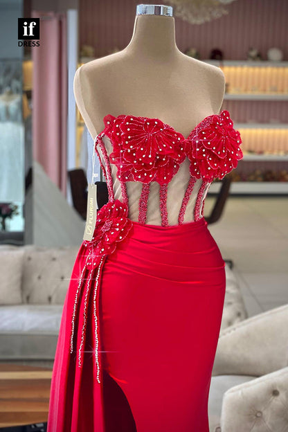 33839 - Red Strapless Sleeveless Beaded Split Draped Prom Formal Dress